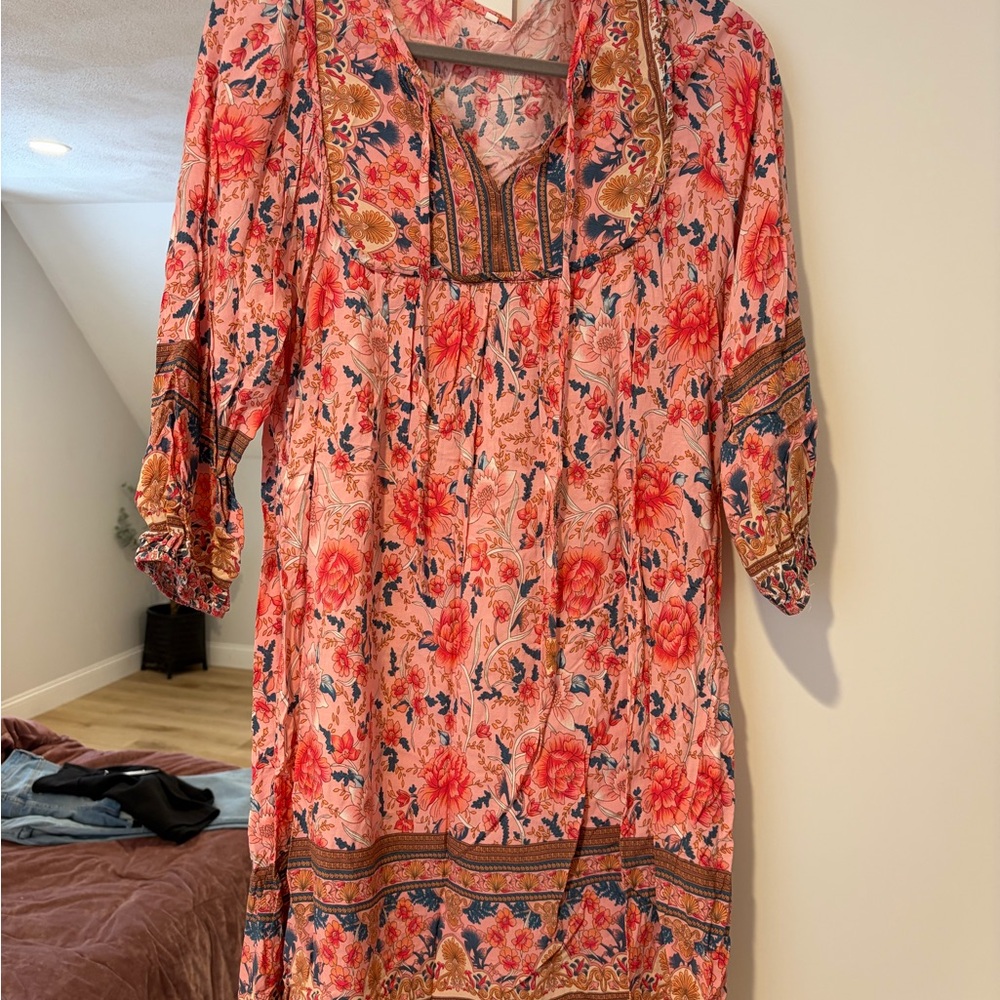 Pink Floral Boho Tunic Dress